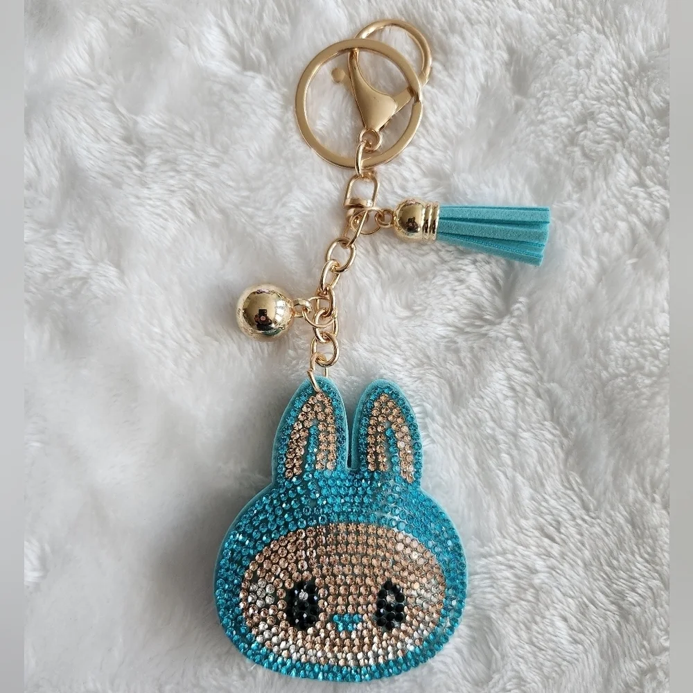 Labubu Blue Rhinestone Keychain Bag Charm